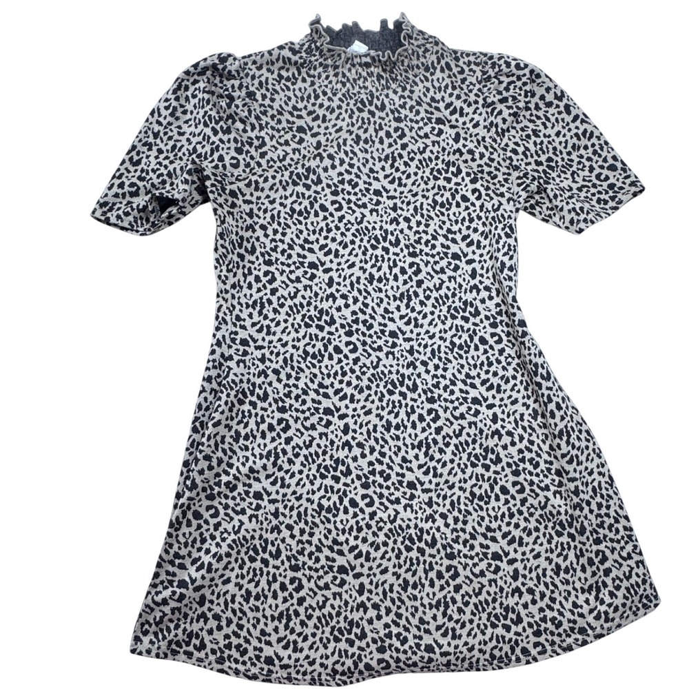 Loveriche Womens Leopard Print Mock Neck Puff Sleeve Mini Dress Tan Black Large